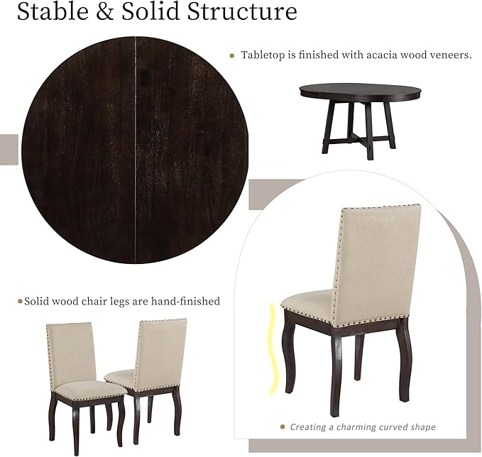 Ball & Cast 5 Piece Dining Table Set with 4 Upholstered Curved Legs Chairs,Living Room Furniture W/ 43" Round Extendable Desk,for Restaurant,Home Bistro,Espresso