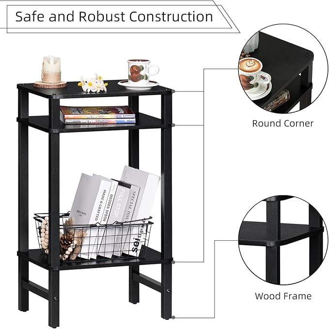 28in Tall Side Table Set of 2, 3-Tier Small Narrow End Table for Couch, Skinny Nightstand for Small Space, Farmhouse Slim Night Stand with Storage, Wooden Frame Thin Bedside Table, Black
