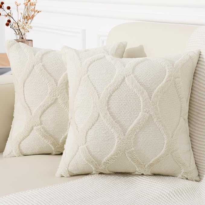 decorUhome Throw Pillow Covers 16x16 Inch Set of 2, Soft Plush Faux Fur Wool Beige Couch Pillow Covers, Decorative Neutral Pillow Cases for Bed Sofa Living Room Home Decor