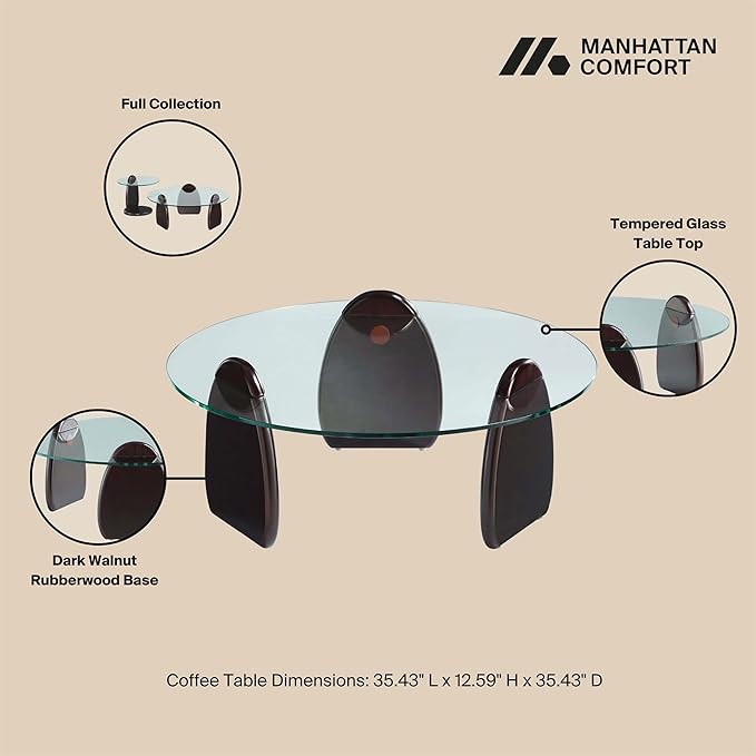 Manhattan Comfort Artesia 2 Piece Set, Round End and Coffee Tables with with Sleek Tempered Glass Top and Solid Wood Base, Living Room Accent Furniture for Modern Homes, Full Collection, Dark Walnut