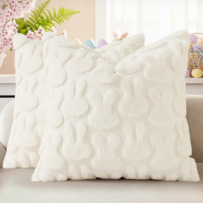 decorUhome Easter Bunny Pillow Covers 18x18 Inch Set of 2, Soft Plush Faux Wool by decorUhome