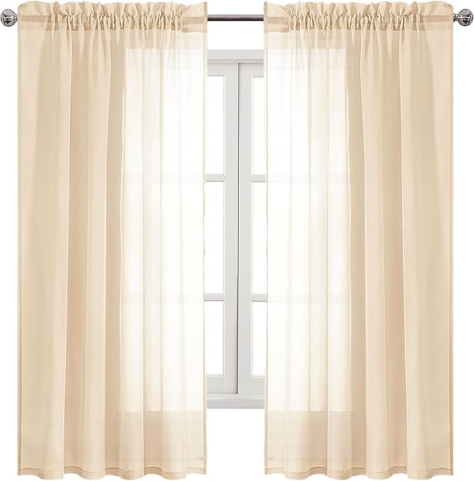 DWCN Beige Sheer Curtains Semi Transparent Voile Rod Pocket Curtains - Image 9