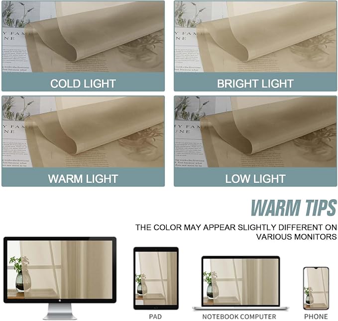 Taupe Sheer Curtains for Window 96 Inches Long 2 Panels Set, Soft Airy Light - Image 6