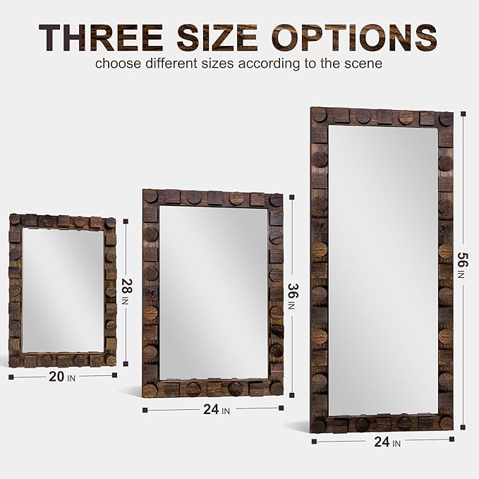 56x24 Inch Handcrafted Solid Wood Square Wall Mirror with Geometric Wood Inlay Design, Rustic Natural Texture for Bathroom, Bedroom, Living Room Decor