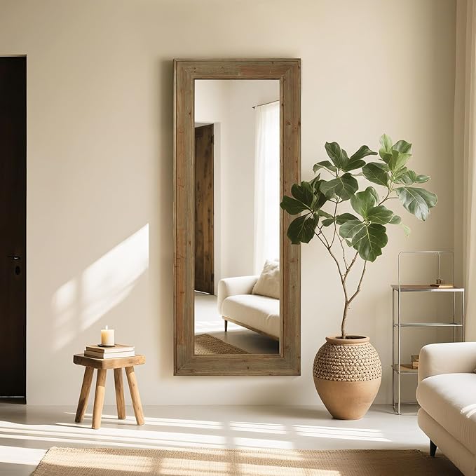 WallBeyond Full Length Mirror Rustic Wood Framed, 24 x 60 inch Farmhouse Wall Mounted Mirror Full Floor Mirror Hanging or Leaning Against Wall, Natural