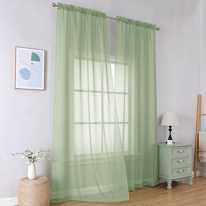 Simplebrand Light Green Sheer Curtains 96 Inches Long 2 Panels, Light Filtering - Image 2