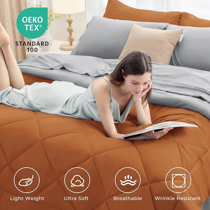 HEVUMYI Queen Comforter Set - 7-Piece All Season Bed in a Bag Queen, Ultra Soft Bedding Set with Comforter, Flat Sheet, Fitted Sheet, Pillowcases, Pillow Shams, Orange & Light Grey