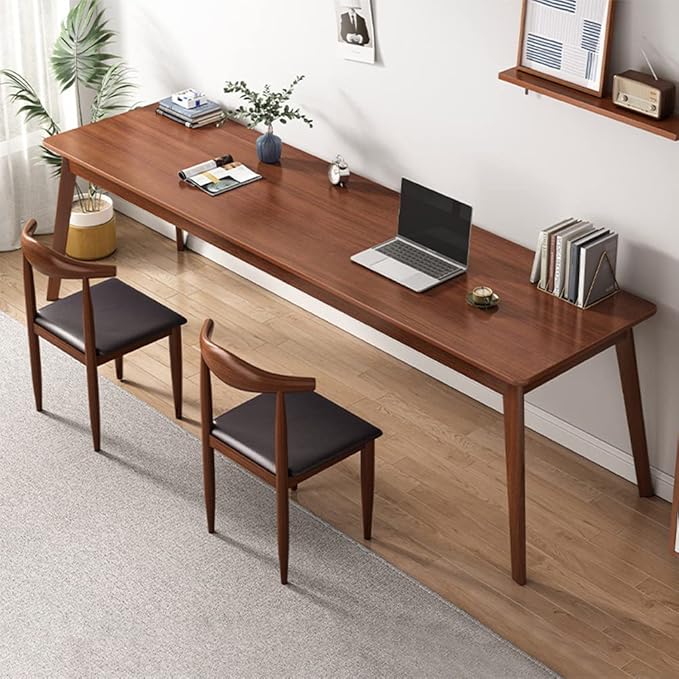 Mid-Century Long Desk Table - 71" Simple Modern Extra Long 2-Person Wood Computer Workstation for Home Office Work in Walnut, 71" W x 24" D