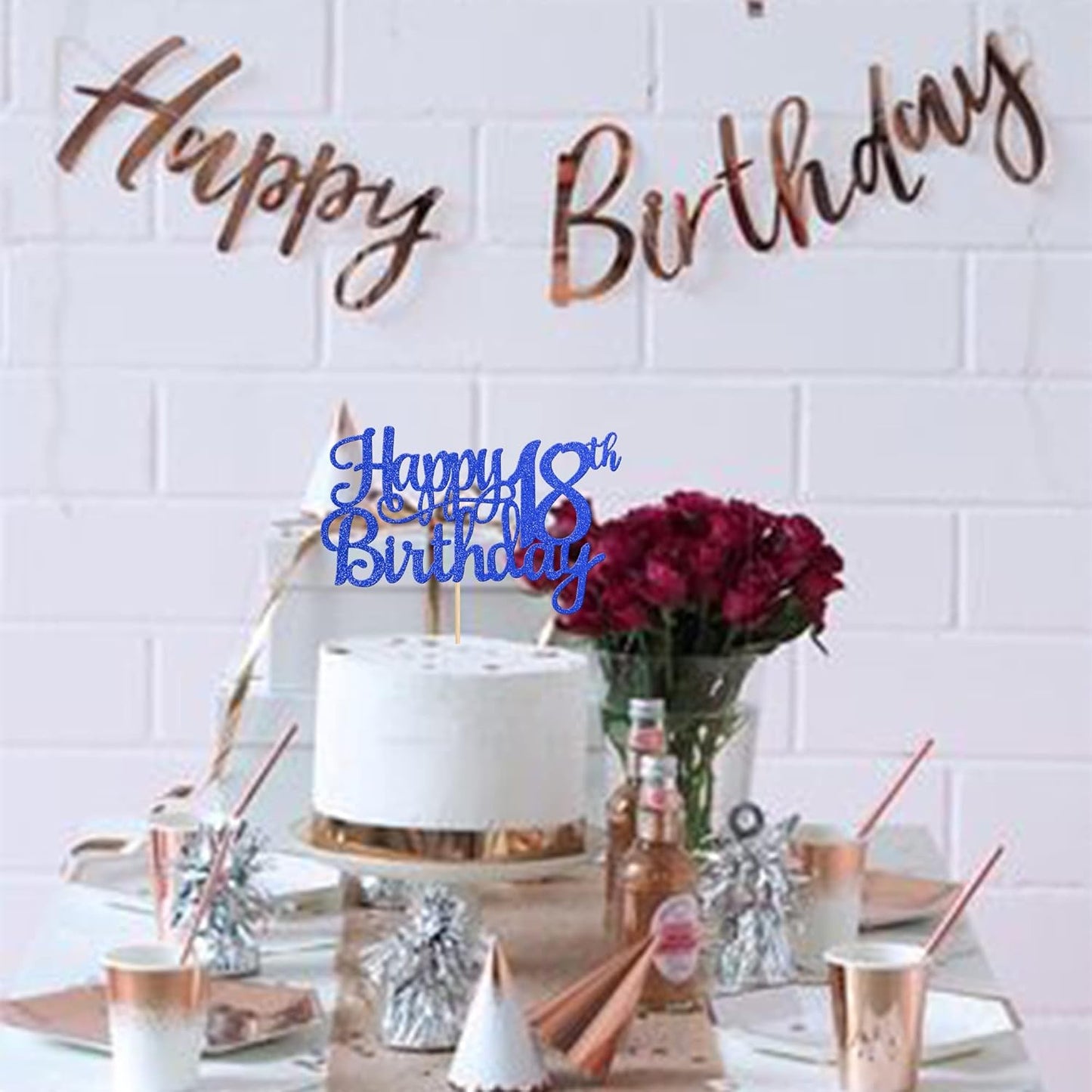 1 PCS Happy 18th Birthday Cake Topper Glitter Cheers to 18 Years Birthday Cake Pick 18 Fabulous Cake Decoration for Happy 18th Birthday Theme Party Decorations Supplies Blue