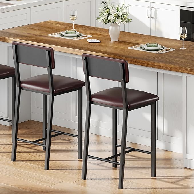 Garvee Bar Stools Set of 2, Kitchen Barstools with Thick Cushion, 25 Inch Counter Height Bar Stools with Backrest and Footrest, for Dining Room, Kitchen Island Counter Chairs, Retro Brown