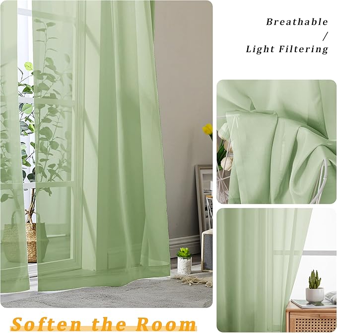Gwine Light Green Sheer Curtains 96 Inches Long 2 Panels, Elegant Window - Image 3