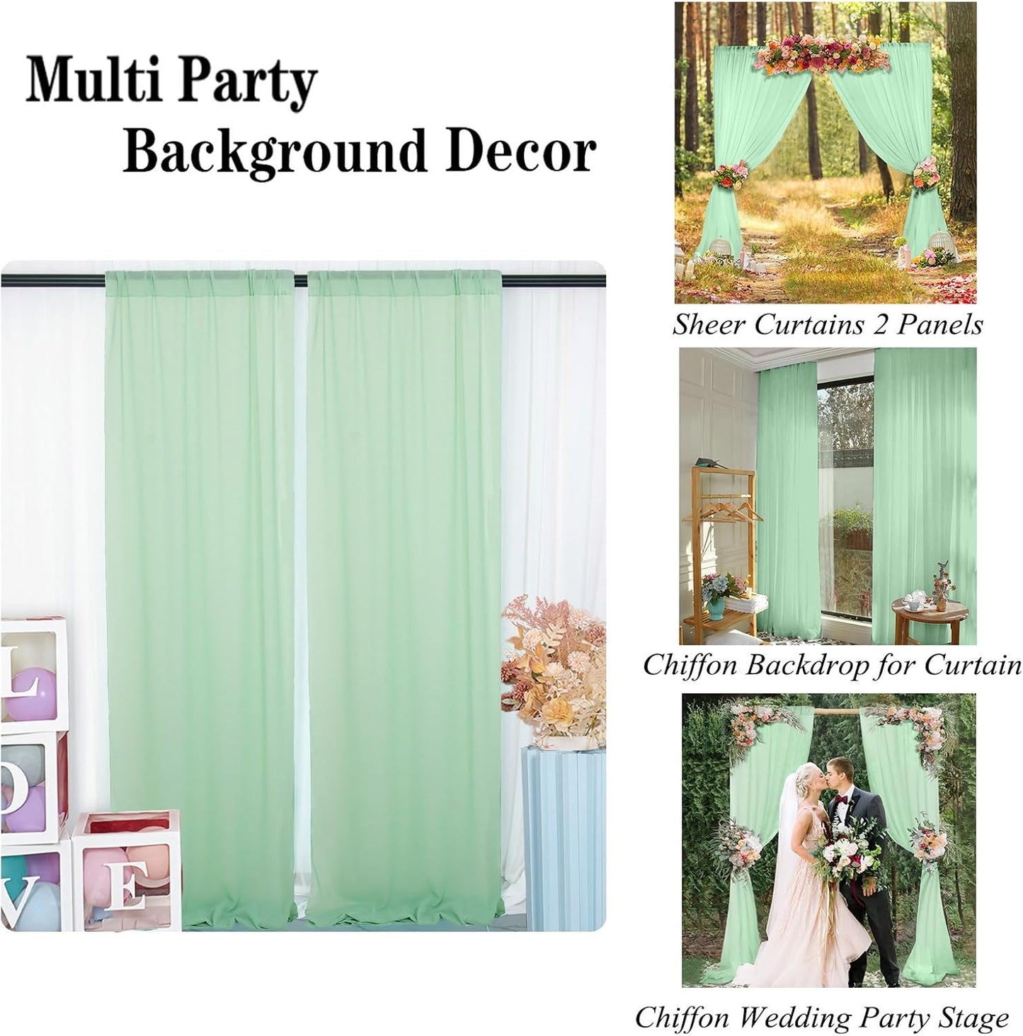 DUOBAO Chiffon Backdrop Curtains 2 Panels Photography Backdrops Drape 5ft x 8ft Voile Curtain Sage Green Collapsible Seamless Sheer Drapes for Women Party Baby Shower Birthday Photo Shoot Decorations