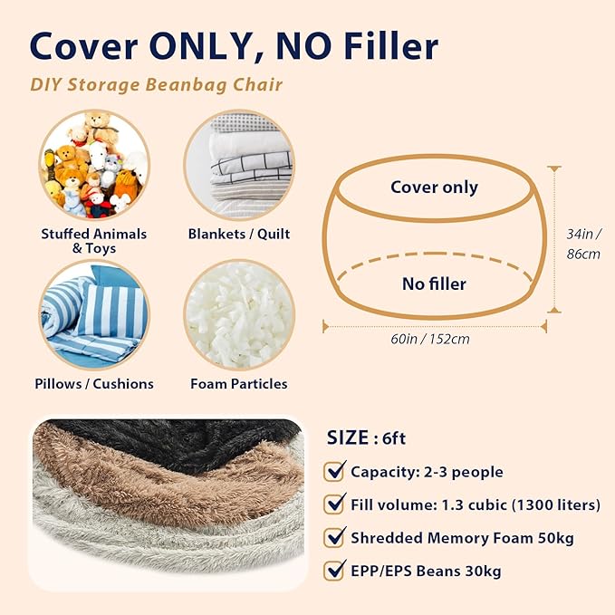 Bean Bag Covers Only, Fluffy Stuffed Beanbag Chair Covers No Filler, Washable Bean Bags Cover for Adults, Stuffed Animal Bean Bag Anti-Slip, 6FT, Light Grey