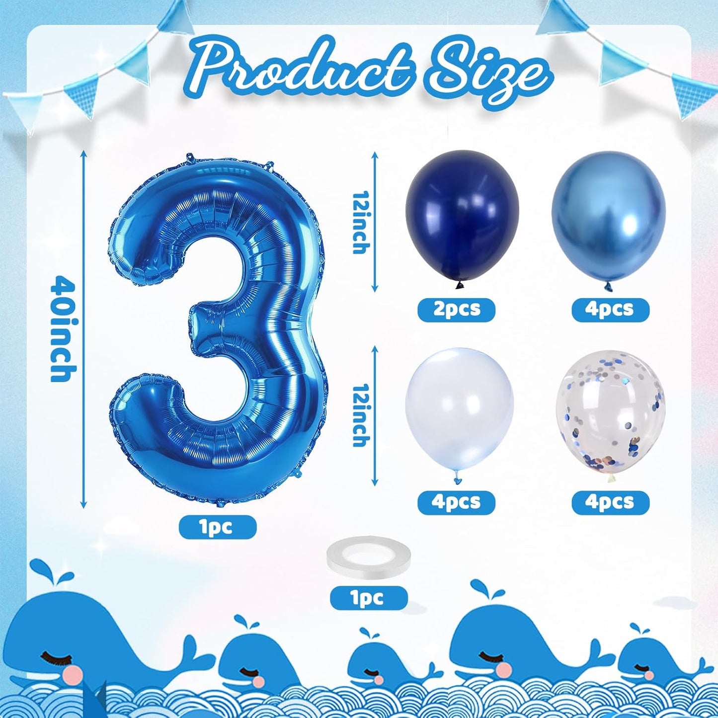 Navy Blue 3rd Birthday Balloon - Giant Self Inflating Number 3, Metallic Dark Blue Silver Confetti Helium Balloon, Foil 40 Inch Three for Boys 3 Year Old Birthday Party Anniversary Decor