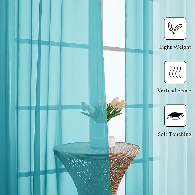 Lecloud Turquoise Sheer Curtains 108 Inches Long 2 Pcs, Rustic Farmhouse Dual - Image 2