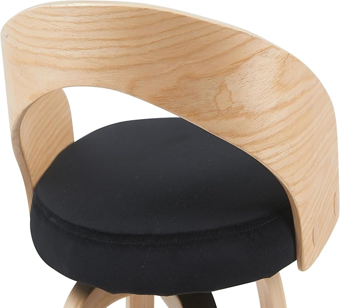 Sonia Modern Swivel Bar Height Stool with Black Upholstered Seat and Patterned Oak Wood Finish Set of 2