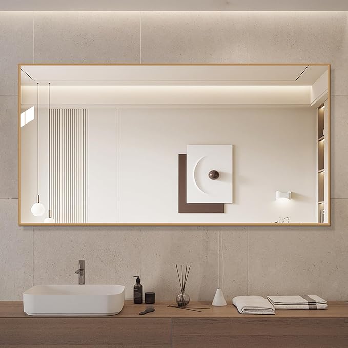 Golden Bathroom Mirror for Wall, Rectangle Mirrors with Metal Frame, Modern Vanity Wall Mirror Decor for Entryway Hangs, Bathroom Living Room Horizontal or Vertical (Golden, 48" L x 30" W)