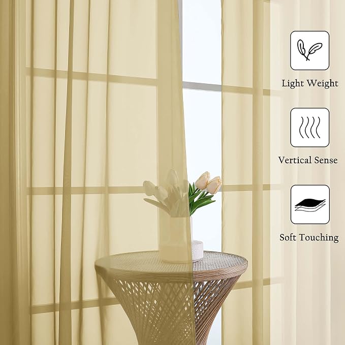 Lecloud Gold Sheer Curtains for Bedroom 84 Inches Long 2 Pcs, Light Filtering - Image 2