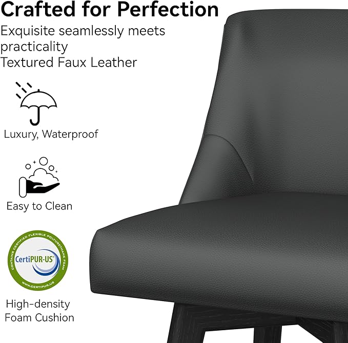 Counter Height Bar Stools Set of 3, Modern Swivel Barstools with Back and Wood Legs, Faux Leather Upholstered Bar Chairs, 26" H Kitchen Counter Stools, Kitchen Island Home Bar, Black Grey
