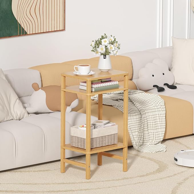 28in Tall Bamboo Side Table 3-Tier Small Narrow End Table, Skinny Nightstand for Small Space, Farmhouse Slim Night Stand with Storage for Couch, Wooden Thin Bedside Table, Natural