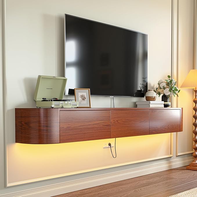 Fully Assembled Floating TV Stand with Drawers, 94IN Vintage Wall Mounted Entertainment Center, Minimalist Large Storage Console Under TV, Solid Wood Media Shelf for Living Room, Bedroom