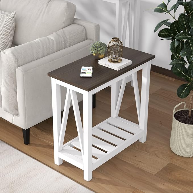ChooChoo Farmhouse End Table, Narrow Side Table, Slim End Table with Storage Shelf for Small Spaces, Rustic Nightstand, for Living Room, Bedroom White