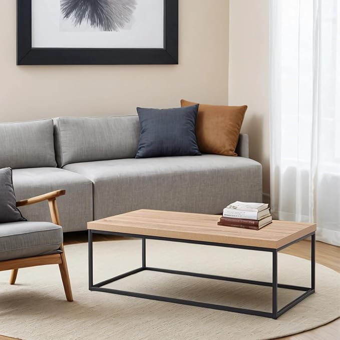 CENSI 47-Inch Natural Oak Coffee Table for Living Room, Modern Industrial Rectangular Wood and Metal Center Table with Extra Thick Tabletop (Natural Wood)