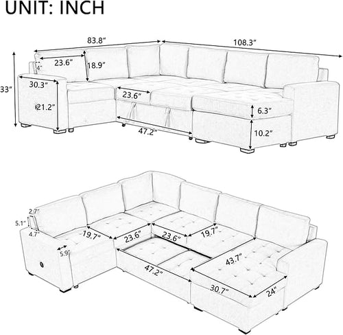 108.3 Inch Modular Sectional Sleeper Sofa with Pull-Out Bed and Lounge Chair, U-Shaped Combination Corner Couch w/USB & Type-C Interfaces, for Living Room Bedroom Office, Beige