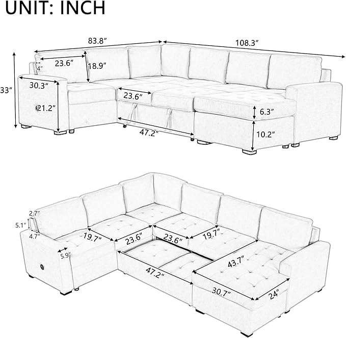 108.3 Inch Modular Sectional Sleeper Sofa with Pull-Out Bed and Lounge Chair, U-Shaped Combination Corner Couch w/USB & Type-C Interfaces, for Living Room Bedroom Office, Gray