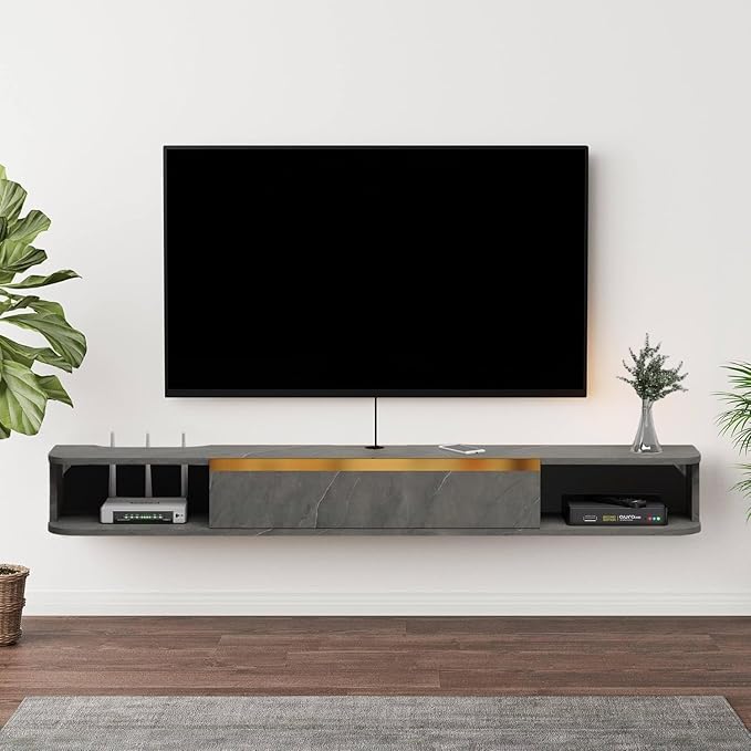 Floating TV Stand, 47'' Wall Mounted Entertainment Center TV Media Console, Floating Shelves with Door, Floating TV Cabinet Large Storage TV Bench for Living Room (Dark Grey, 47.63IN)