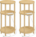 HOOBRO Set of 2 Small Round Side Tables with Charging Station, 3-Tier Round Bamboo End Tables, Easy Assembly, for Living Room, Bedroom, Apartment, Natural YL152UBZP201