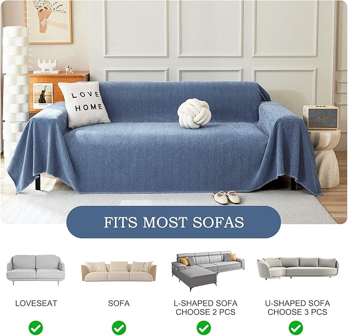 STACYPIK Non Slip Blue Couch Covers Chenille Sofa Cover for Dogs, Herringbone Pet Protector for 2 Cushion Couch, Loveseat Cover for Sectional, Washable Furniture Cover Versatile Throw Blanket-71x118IN