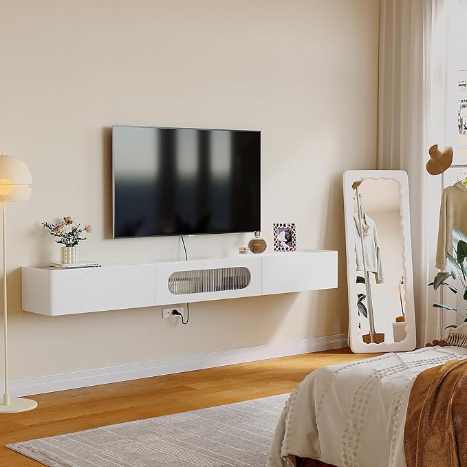 Floaticase Floating TV Stand, 55IN Fully Assembled Hign Gloss Wall Mounted Entertainment Center with Flip-Down Door & Drawers, Under TV Shelf with Large Storage for Living Room, Bedroom