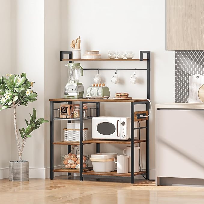 HOOBRO Bakers Rack with Power Outlet, 35.4 Inches Coffee Bar with Mesh Basket, Microwave Stand with 4 S-Shaped Hooks, Kitchen Bakers Rack with Storage, Easy to Assemble, Rustic Brown BF05HB01