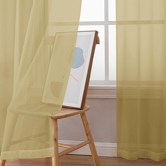 Simplebrand Gold Sheer Curtains 63 Inch Length 2 Panels, Rod Pocket Solid Color - Image 3