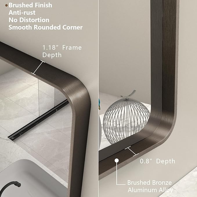 50x40 Inch Bronze Metal Framed Bathrrom Mirror, Brushed Metal Bathroom Vanity Mirrors for Wall, Rounded Corner Bronze Rectangle Mirror for Farmhouse, Bedroom, Anti-Rust (Horizontal/Vertical)