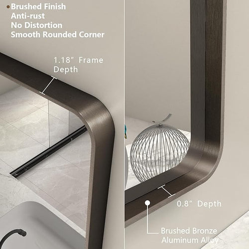16x24 Bronze Bathroom Mirror, Rounded Rectangle Bronze Frame Mirror, Brushed Bronze Bathroom Vanity Mirror Wall-Mounted, Anti-Rust, Hangs Horizontally or Vertically