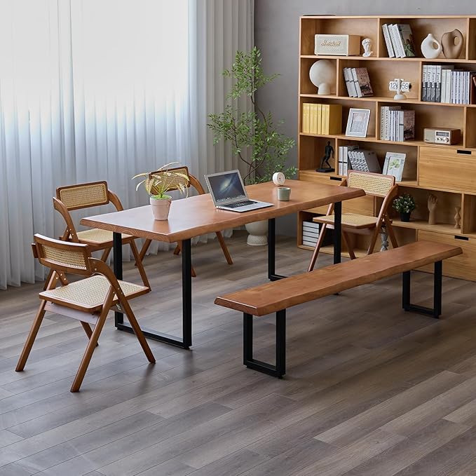 Brown Bench Wooden Long Bench with Metal Legs for Office Restaurant Living Room Meeting Room Indoor Seating Multiple (tan bench62.99in)