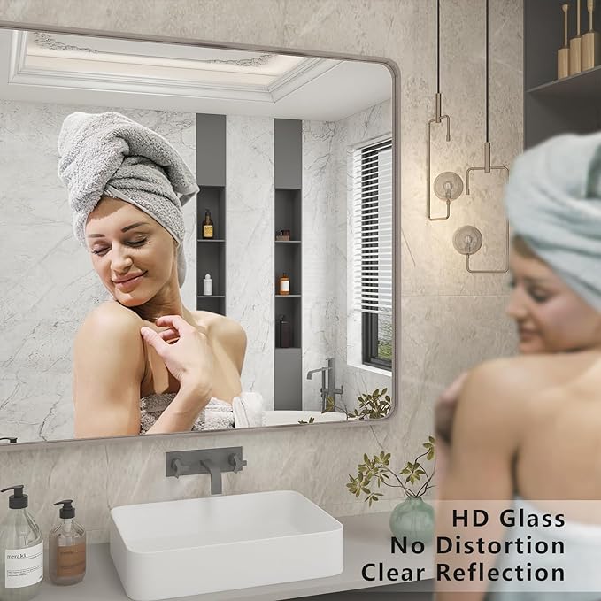 44x36 Silver Brushed Nickel Bathroom Mirror for Wall, Rounded Rectangle Silver Framed Bathroom Vanity Mirror, Anti-Rust, Shatterproof, Hangs Horizontally or Vertically