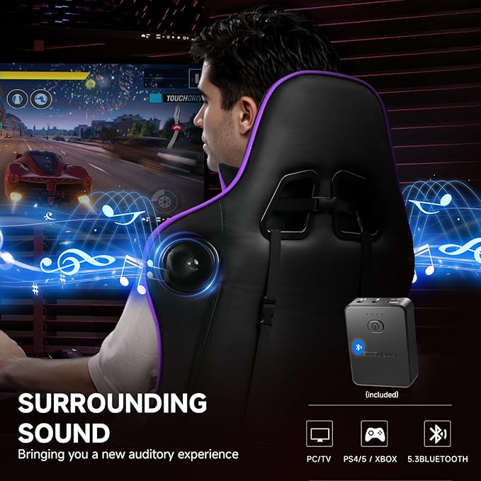 GTPLAYER Gaming Chair with Bluetooth Speakers and Footrest, Ergonomic Gamer Chair with Reclining Backrest, 3D Armrests, Adjustable Seat Height, Computer Desk Chair for Adults (Purple)