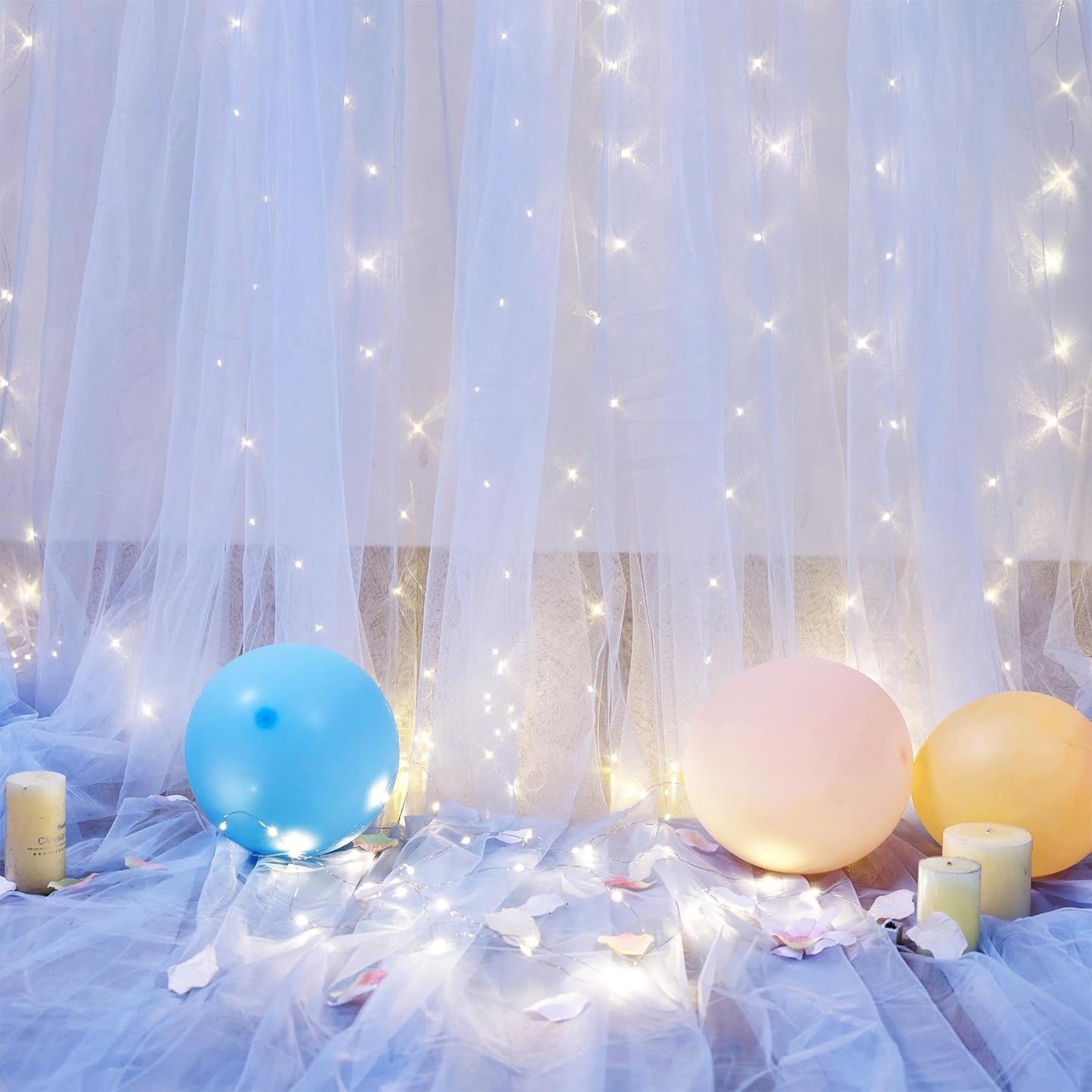 Blue Tulle Backdrop Curtains with Lights String for Parites Baby Shower 20×10ft Blue Sheer Backdrop Curtains Drapes for Bridal Shower Birthday Party Photo Shoot Background Decorations(4 Panels 5×10ft)