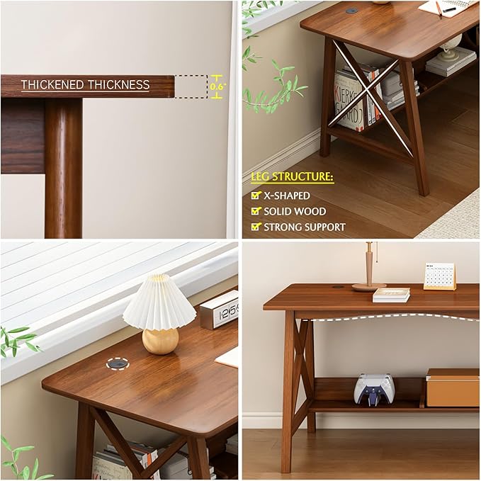 Extra Long Desk with Bookshelf - Wooden Home Office Work Study Table, Writing Computer Workstation with Storage Shelf in Oak, 47" Wx16 Dx30 H