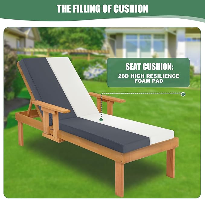 Chaise Lounge Cushions Outdoor - Waterproof and Fade Resistant Sun Lounger Replacement Cushions - Patio Lounger Pads with Removable Cover for Pool, Deck, Lawn, 72 x 21 x 3 Inch, Dark Grey