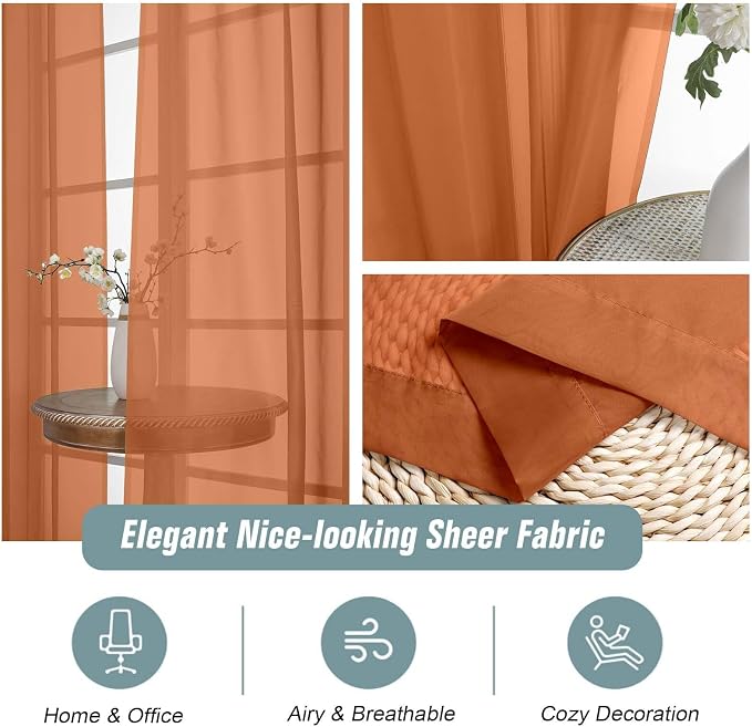 Orange Sheer Curtains 63 Inch Length 2 Panels, Voile Sheer Curtain - Image 4