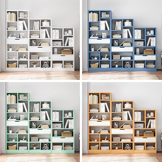 IOTXY Wooden Open Shelf Bookcase - 51" Height Freestanding Display Storage Cabinet Organizer with 7 Cubes and a Drawer, Floor Standing Bookshelf, Blue