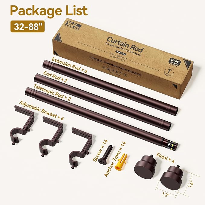 YaFex Curtain Rods 2 Pack 32-84 Inch, Heavy Duty 1 Inch Curtain Rod, Bronze - Image 7