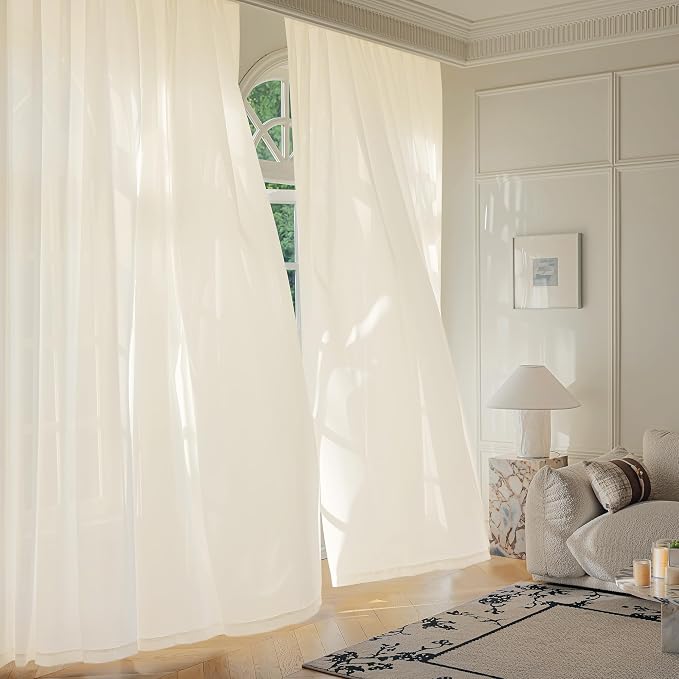 FMFUNCTEX Sheer Non-See-Through Butter Cream Curtains 108 inches Long - Image 3