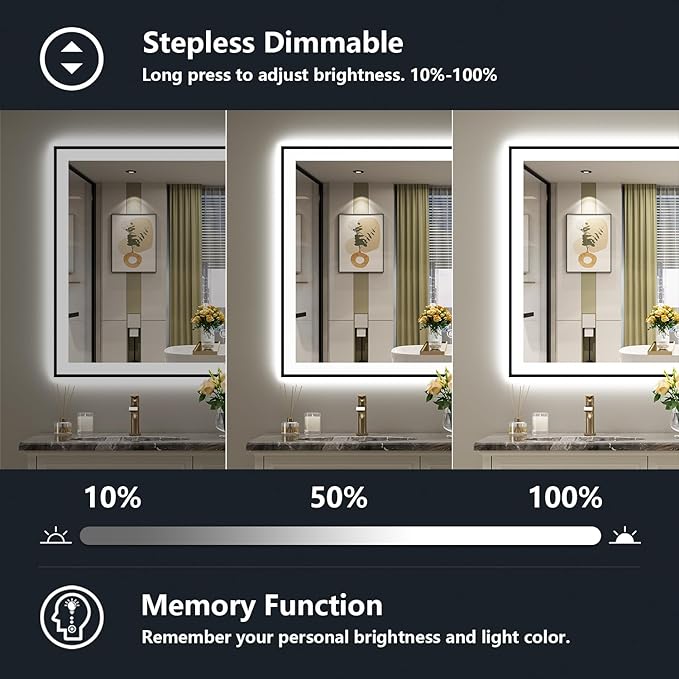 40x36 Inch LED Bathroom Mirror with Lights (Front Lit and Backlit) Black Framed Lighted Vanity Mirror for Bathroom Wall Dimmable Anti-Fog Memory Tempered Glass Horizontal/Vertical