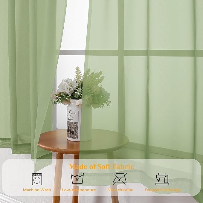 Gwine Light Green Sheer Kitchen Curtains 36 Inch Length, Light Filtering Voile - Image 7