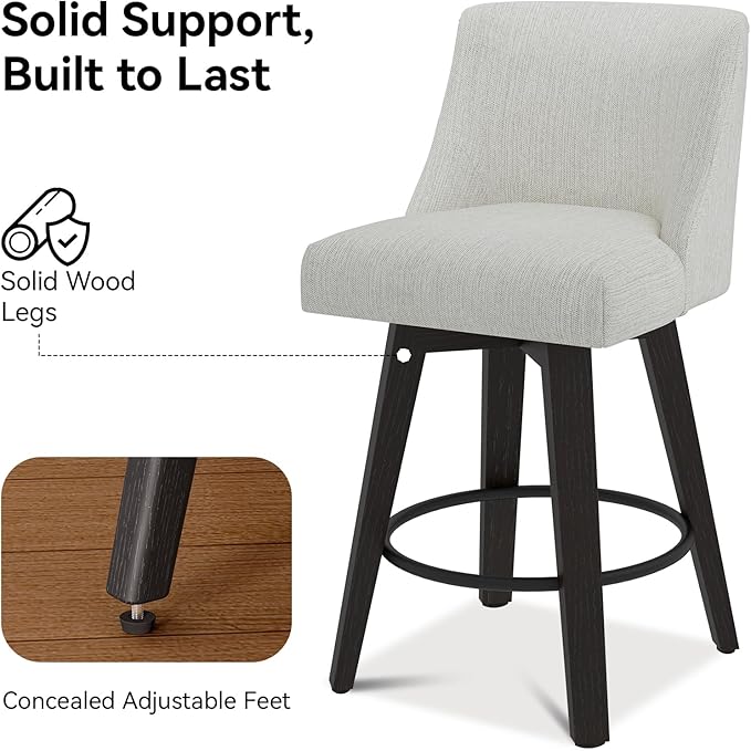 Counter Height Swivel Bar Stools Set of 3, 26 Inch Bar Stools with Footrest, Linen Fabric Upholstered Barstools with Back and Solid Wood Legs for Kitchen Island, Dining Room,Pub,White